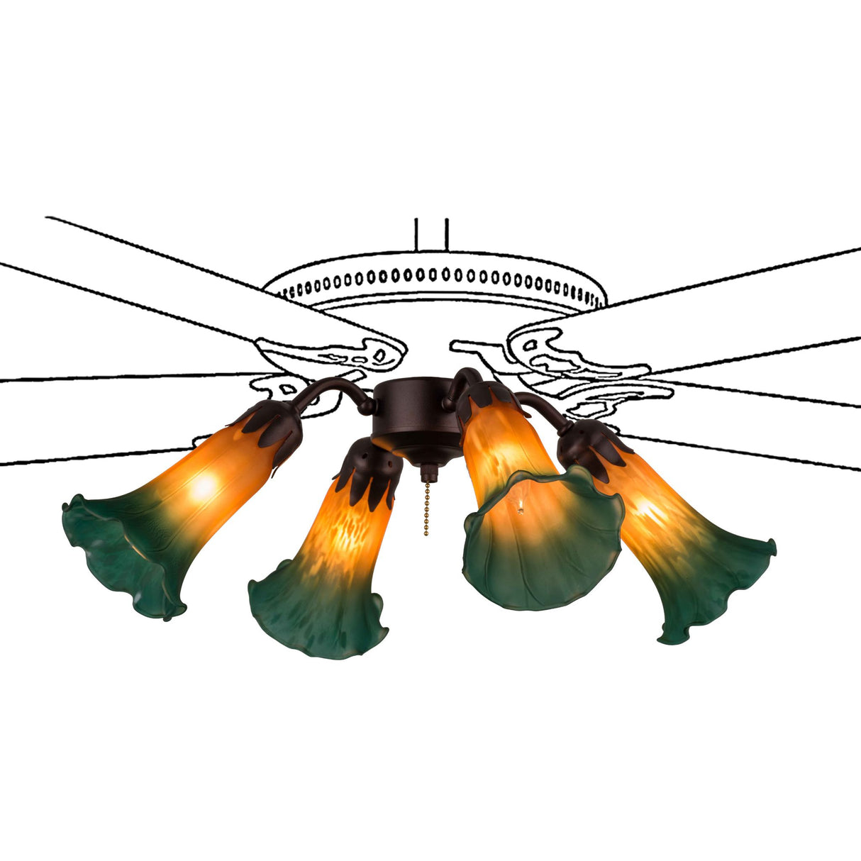 Illuminated amber and green Tiffany-style fan light with overlay design.