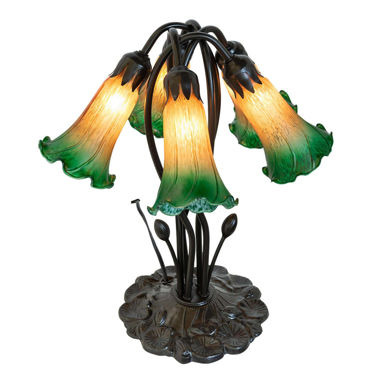 Artistic display of amber and green glass shades on the pond lily lamp.