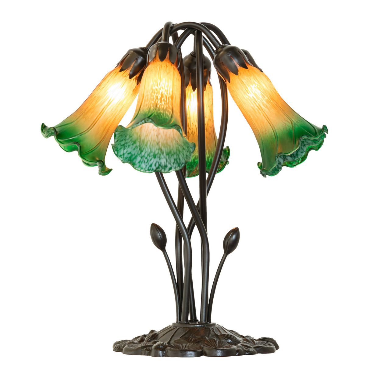 Amber and green tiffany pond lily lamp with five glowing lights.