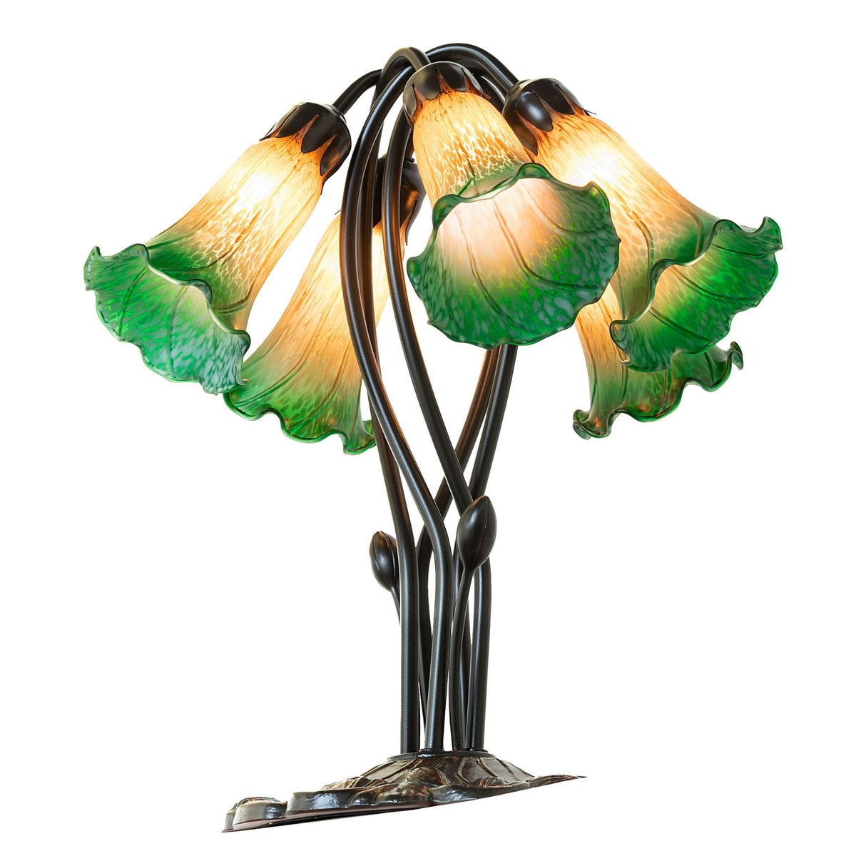 Overhead view of amber and green pond lily table lamp with intricate base.