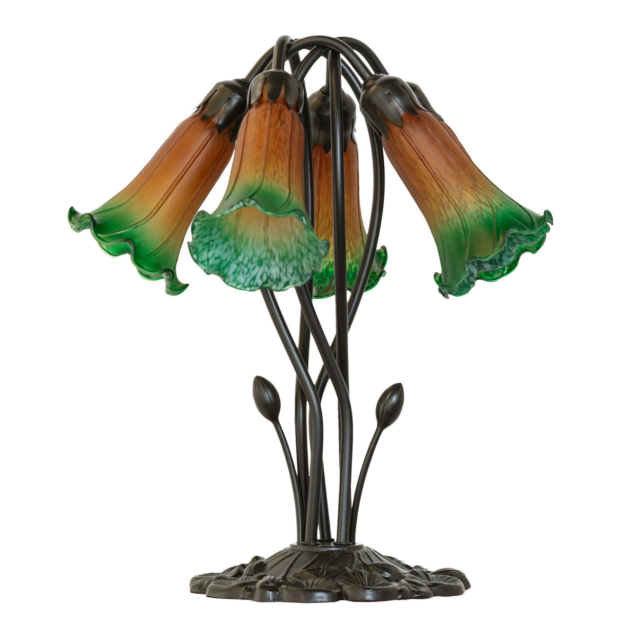 Side view of amber and green pond lily lamp showcasing curved stems.