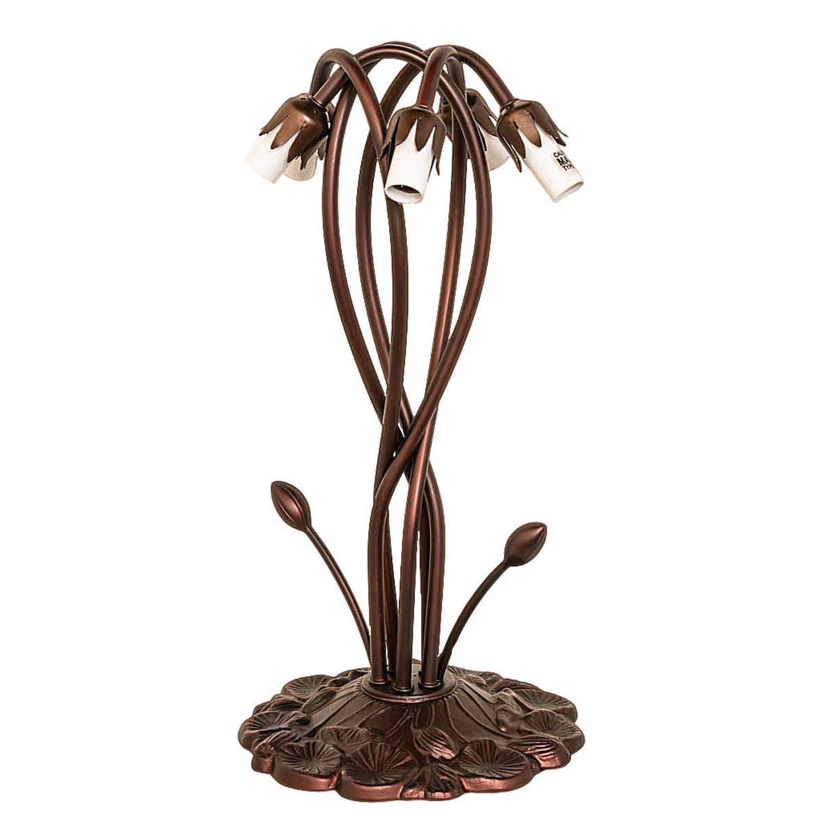 Lamp frame of the amber and green Tiffany pond lily lamp without shades.