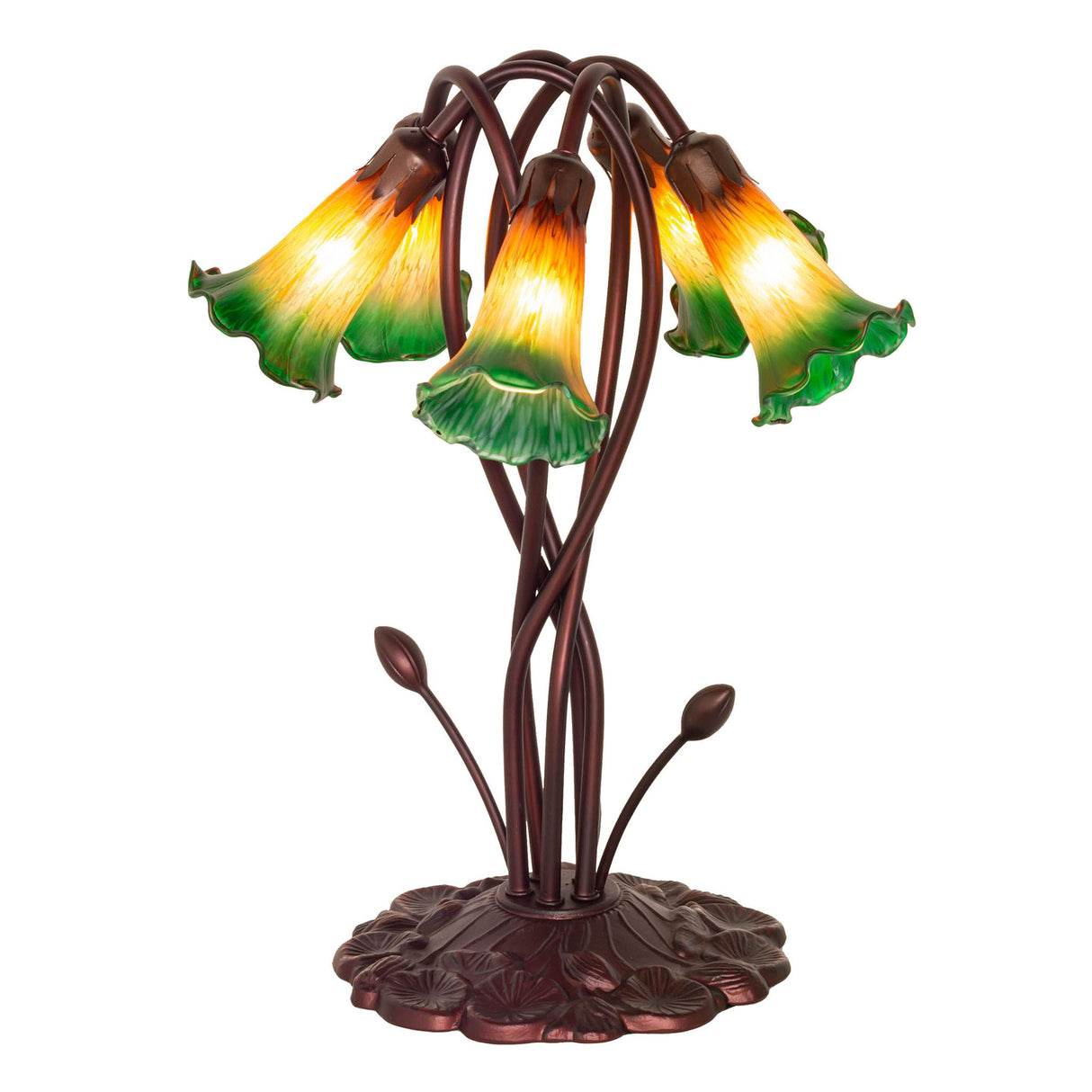 Amber and green Tiffany pond lily table lamp with five lights.