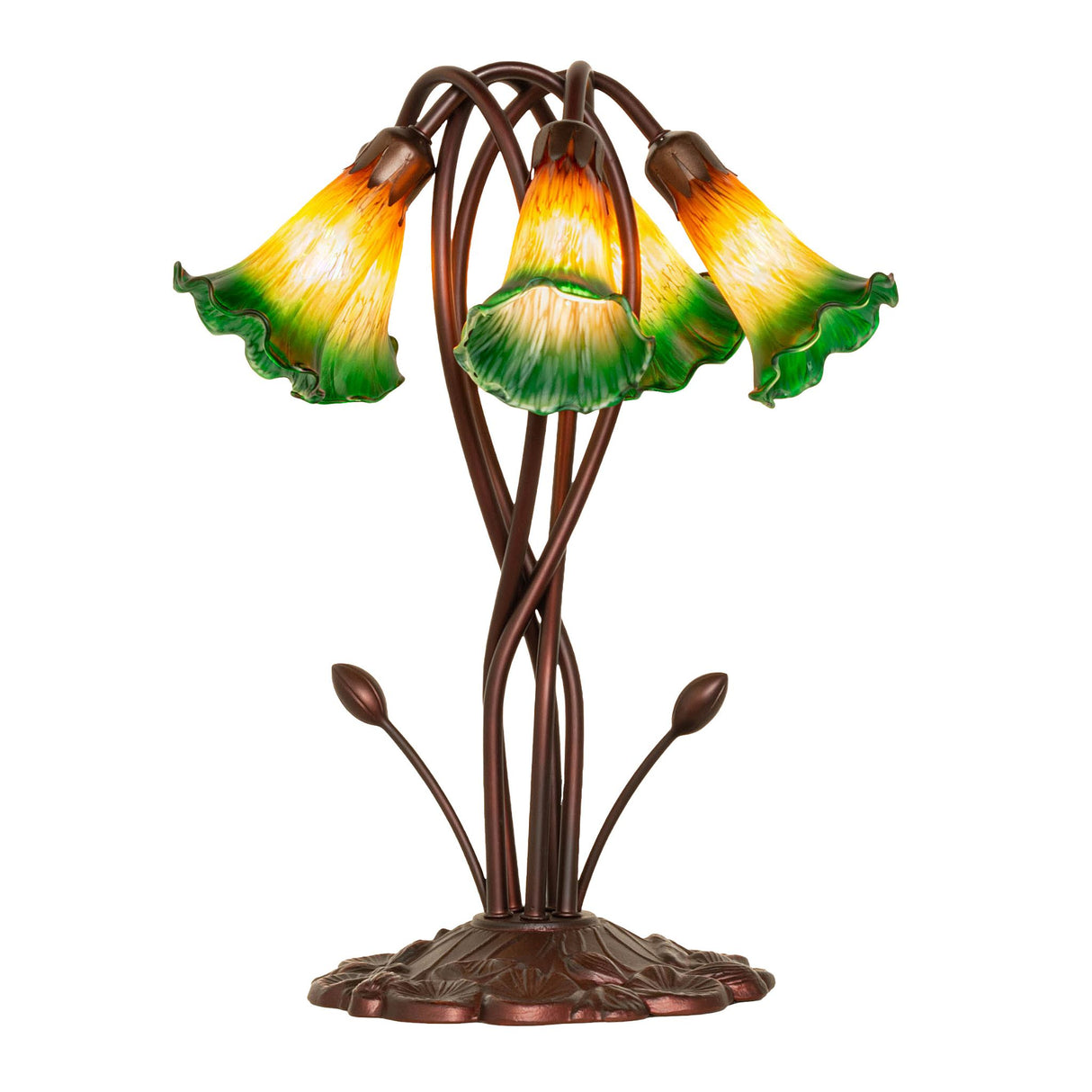 perspective of amber and green Tiffany pond lily lamp showing vibrant glass shades.