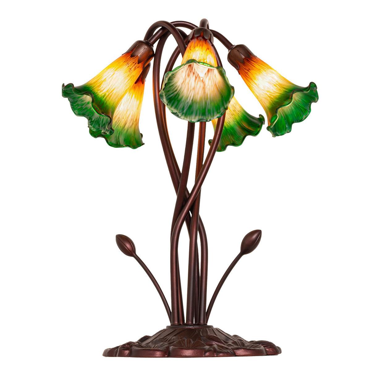 Rear view of the amber and green Tiffany pond lily table lamp.