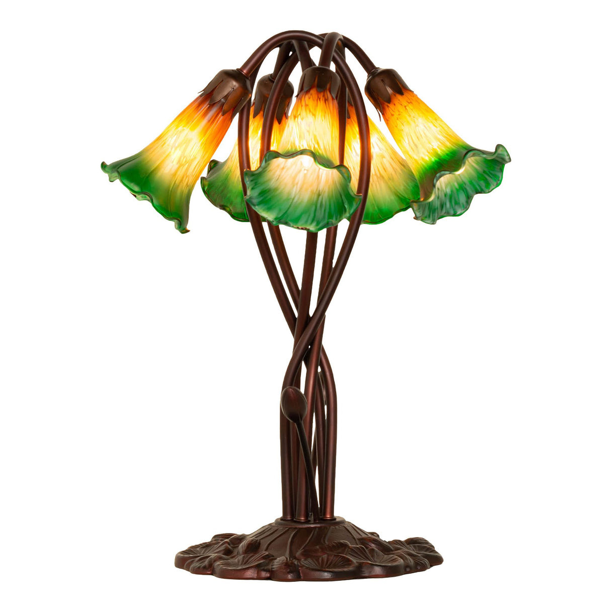 Side angle view of amber and green Tiffany pond lily lamp with intricate glasswork.