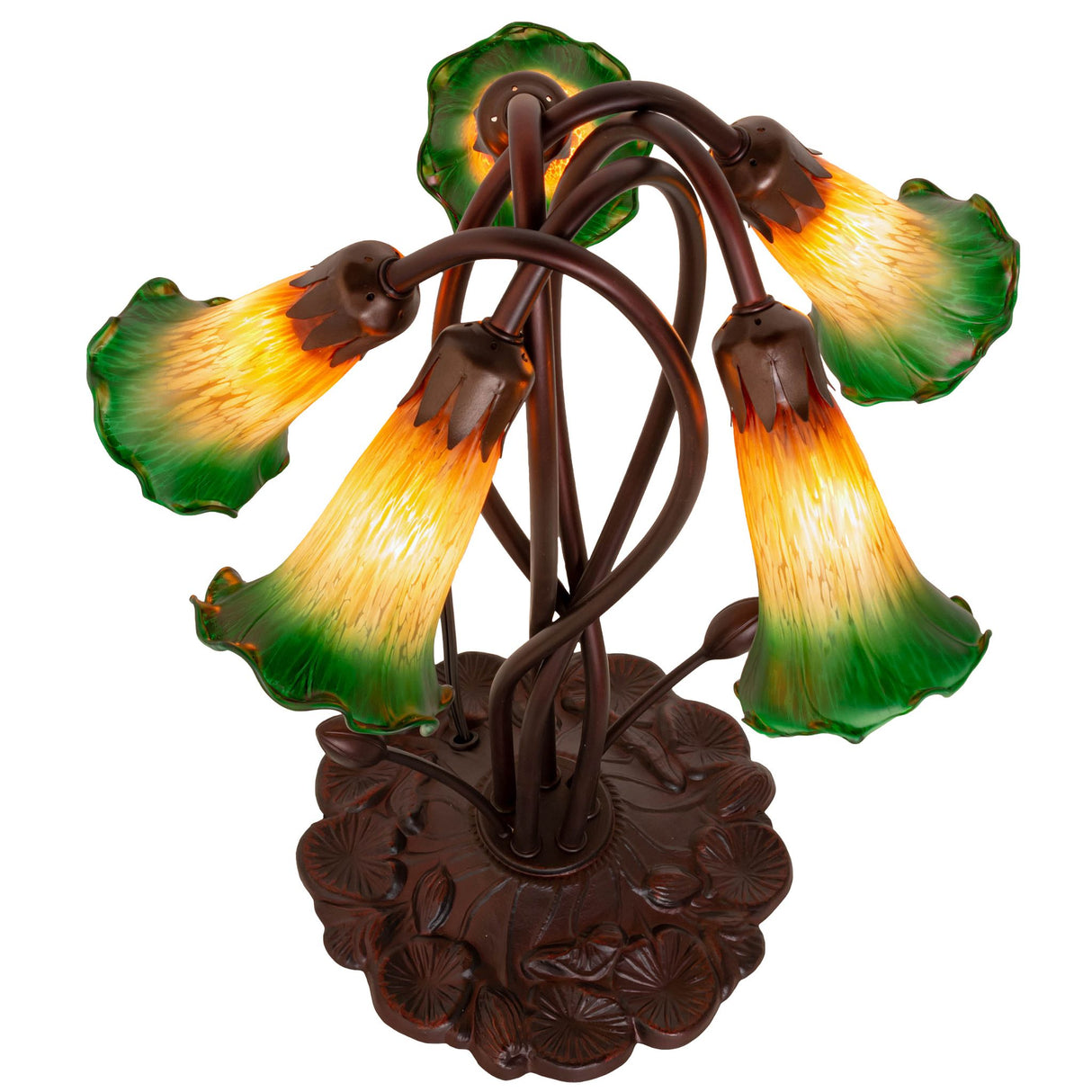 Top-down view of amber and green Tiffany pond lily table lamp showing all five shades.