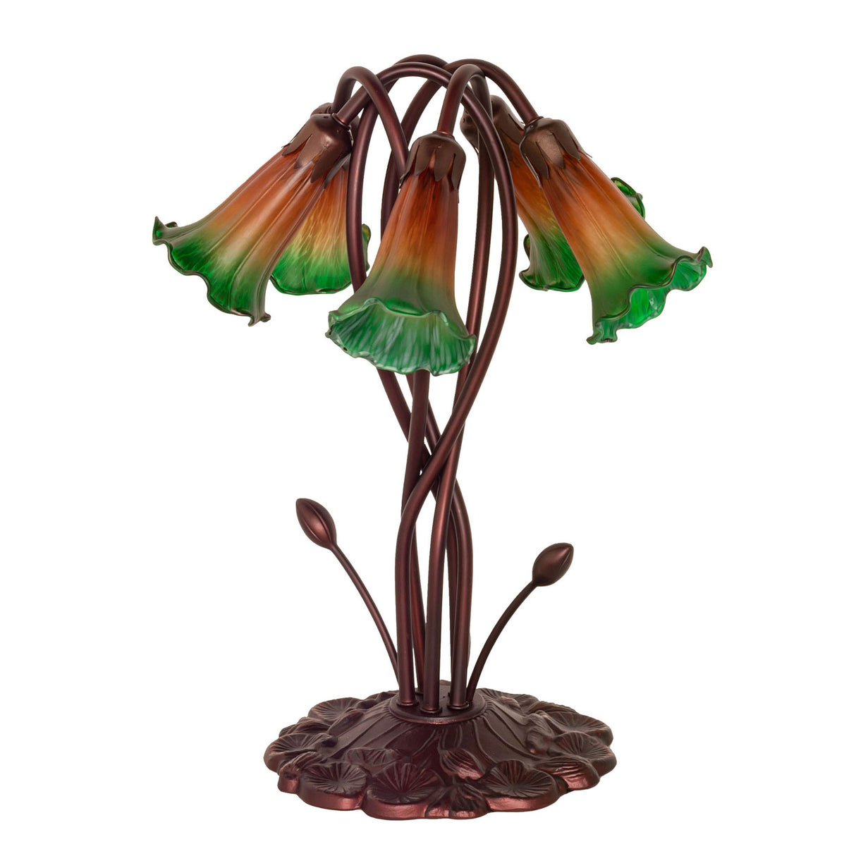 Front view of amber and green Tiffany pond lily table lamp with unlit shades.