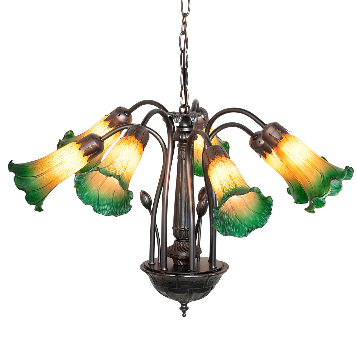 Amber and green Tiffany-style pond lily chandelier with seven light fixtures and bronze-finish frame.