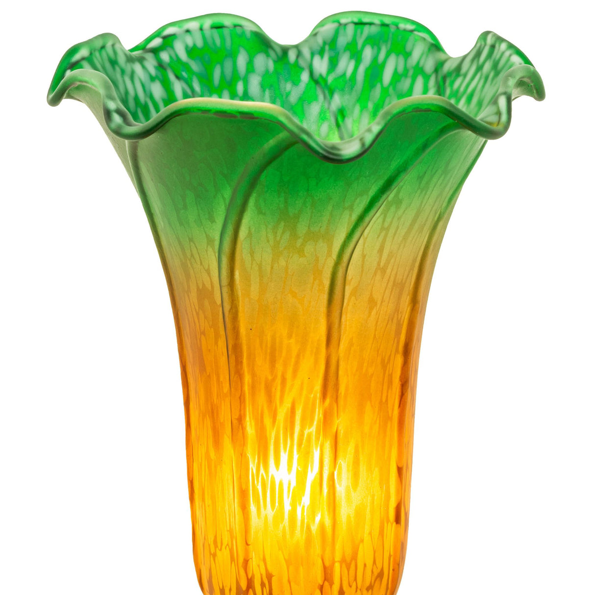 Close-up of the Amber and Green Tiffany Pond Lily shade showcasing the intricate glass detailing.