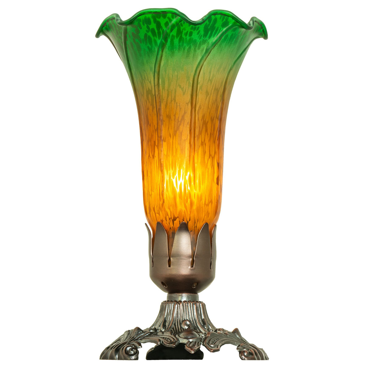 Amber and Green Tiffany Pond Lily accent lamp displayed at a front angle.