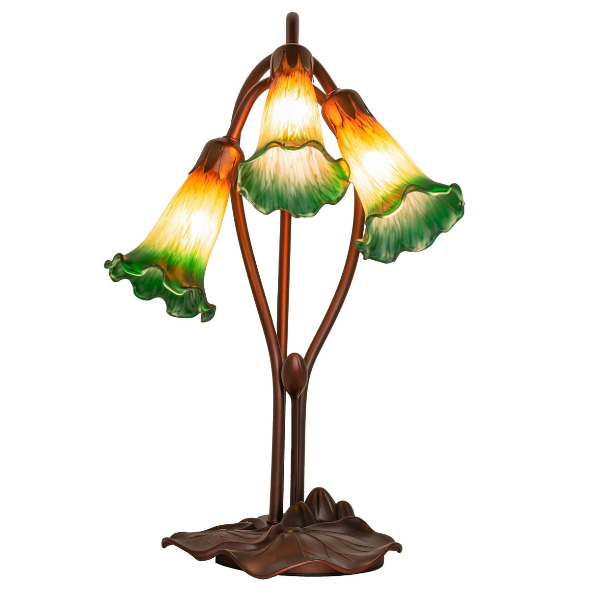 front view of tiffany pond lily accent lamp featuring three delicate lily shades.