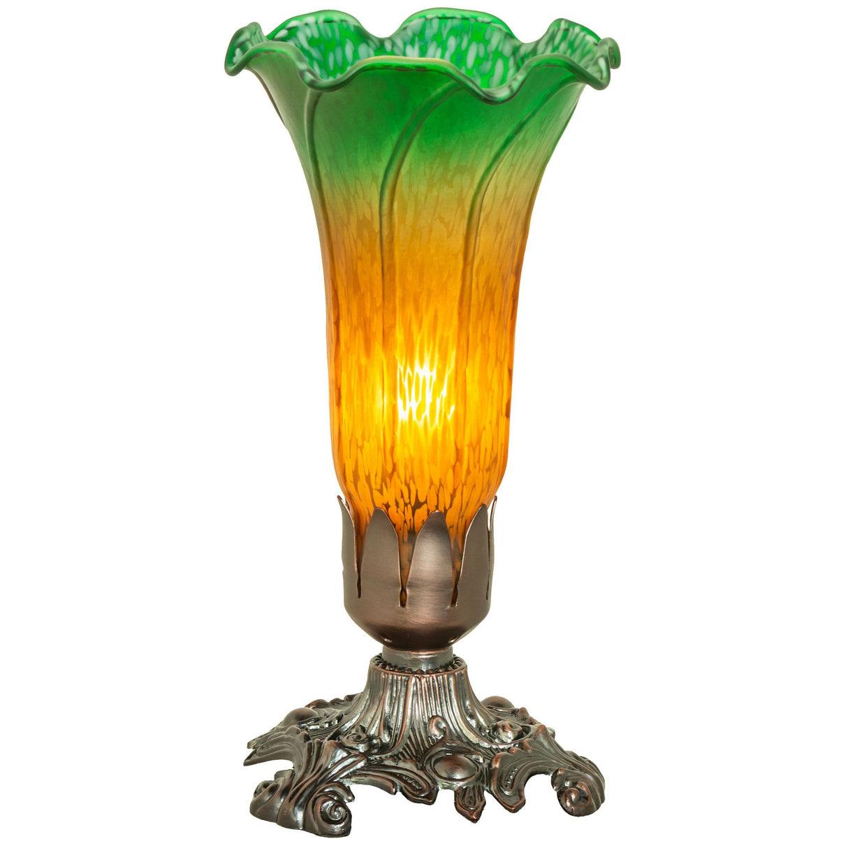 Illuminated Amber and Green Tiffany Pond Lily accent lamp showcasing its warm glow.