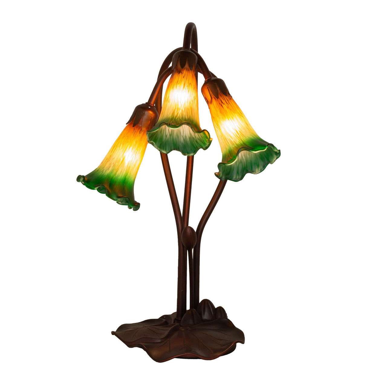 rear view of amber-green tiffany pond lily accent lamp with intricate lily pad base.