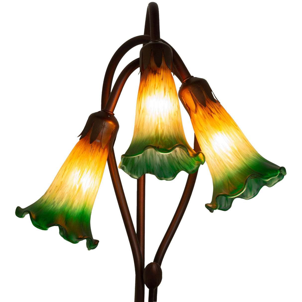 closeup view of amber-green art glass shades on tiffany pond lily accent lamp.