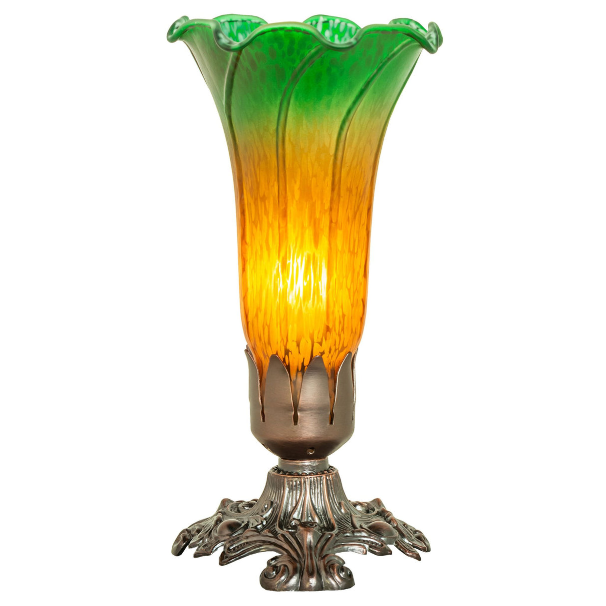 Side view of the Amber and Green Pond Lily accent lamp emphasizing its elegant curves.
