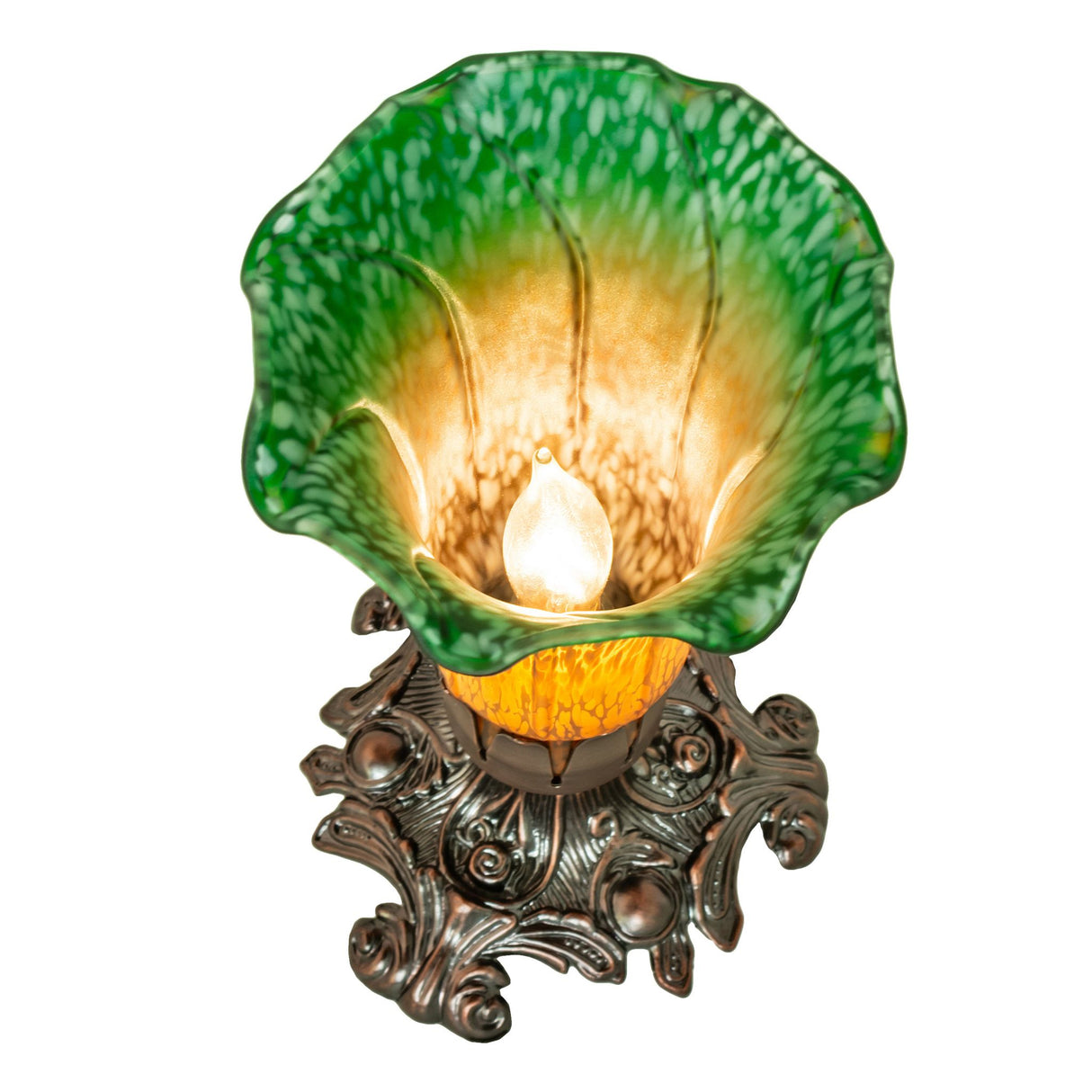 Top-down view of the Amber and Green Tiffany Pond Lily lamp showing the delicate glasswork.