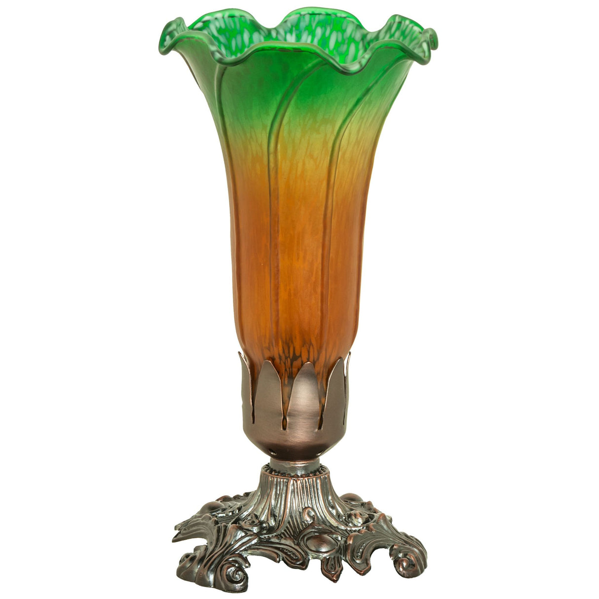 Unlit Amber and Green Tiffany Pond Lily accent lamp highlighting its intricate details.
