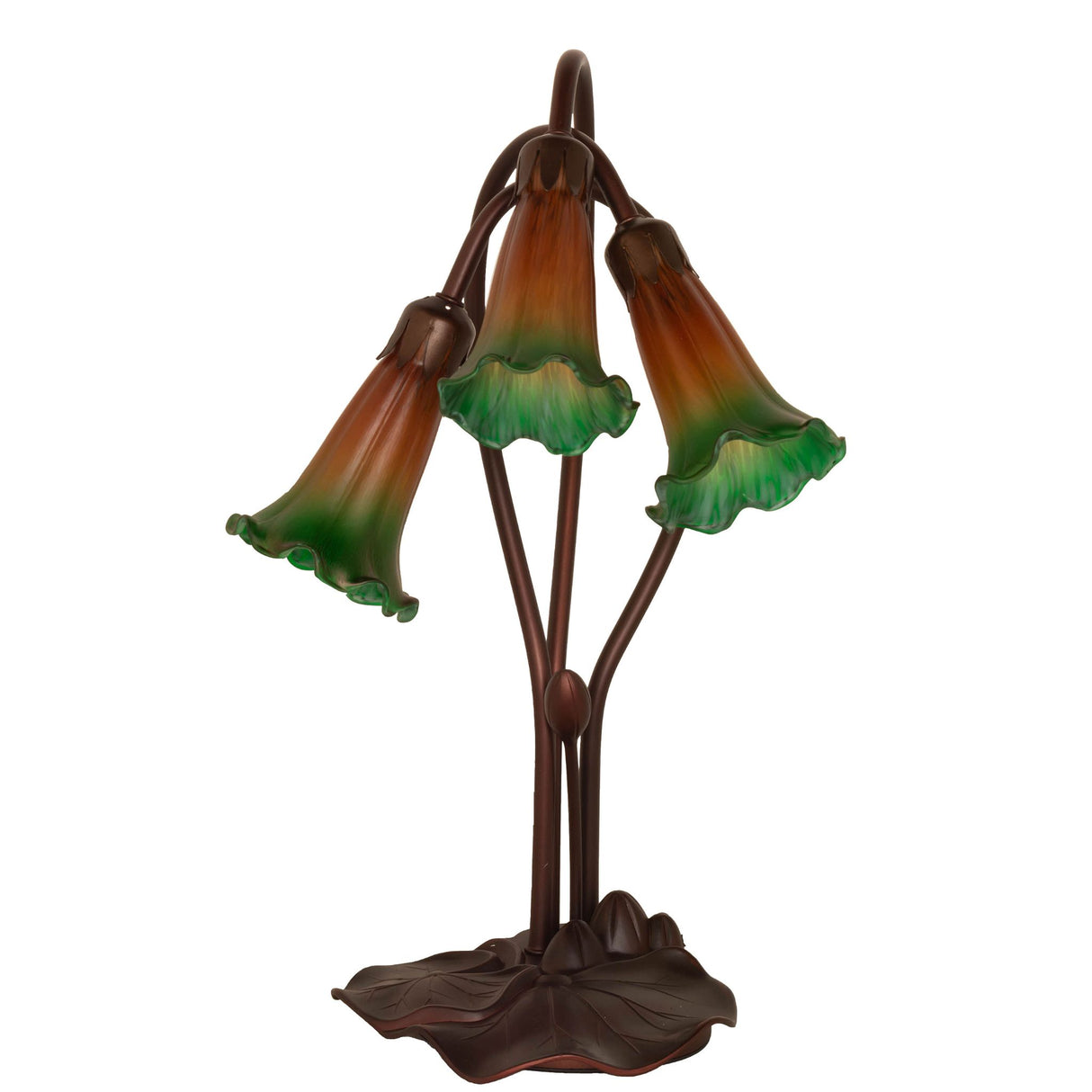 unlit view of amber-green tiffany pond lily accent lamp showcasing intricate art glass details.