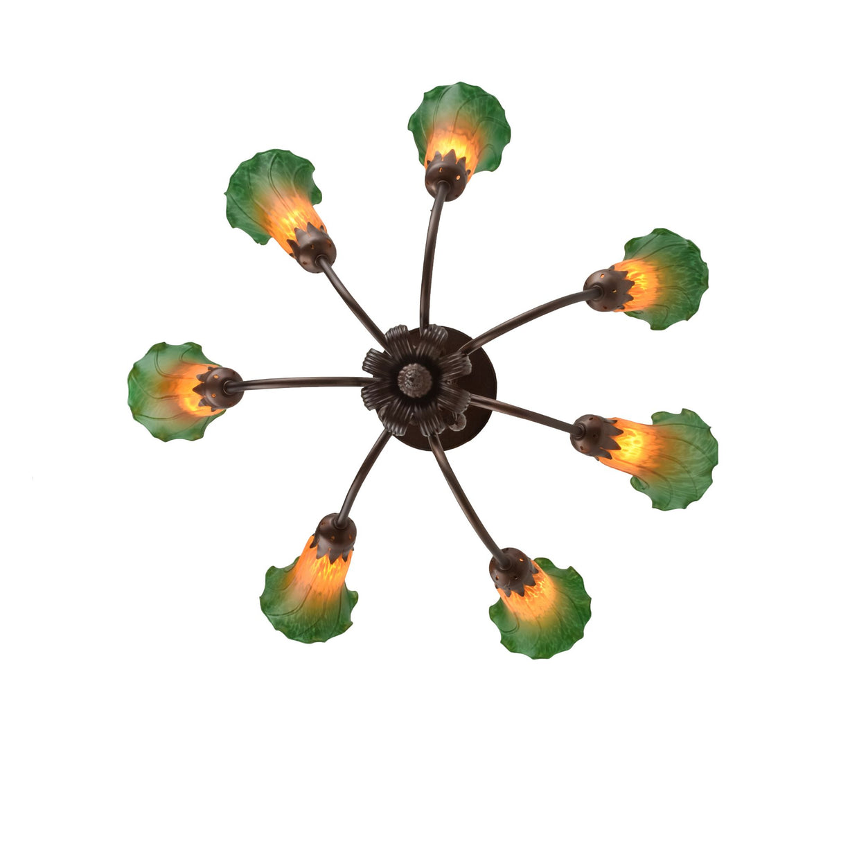 Amber/Green Tiffany Pond Lily 7 LT Chandelier highlighting its base structure.