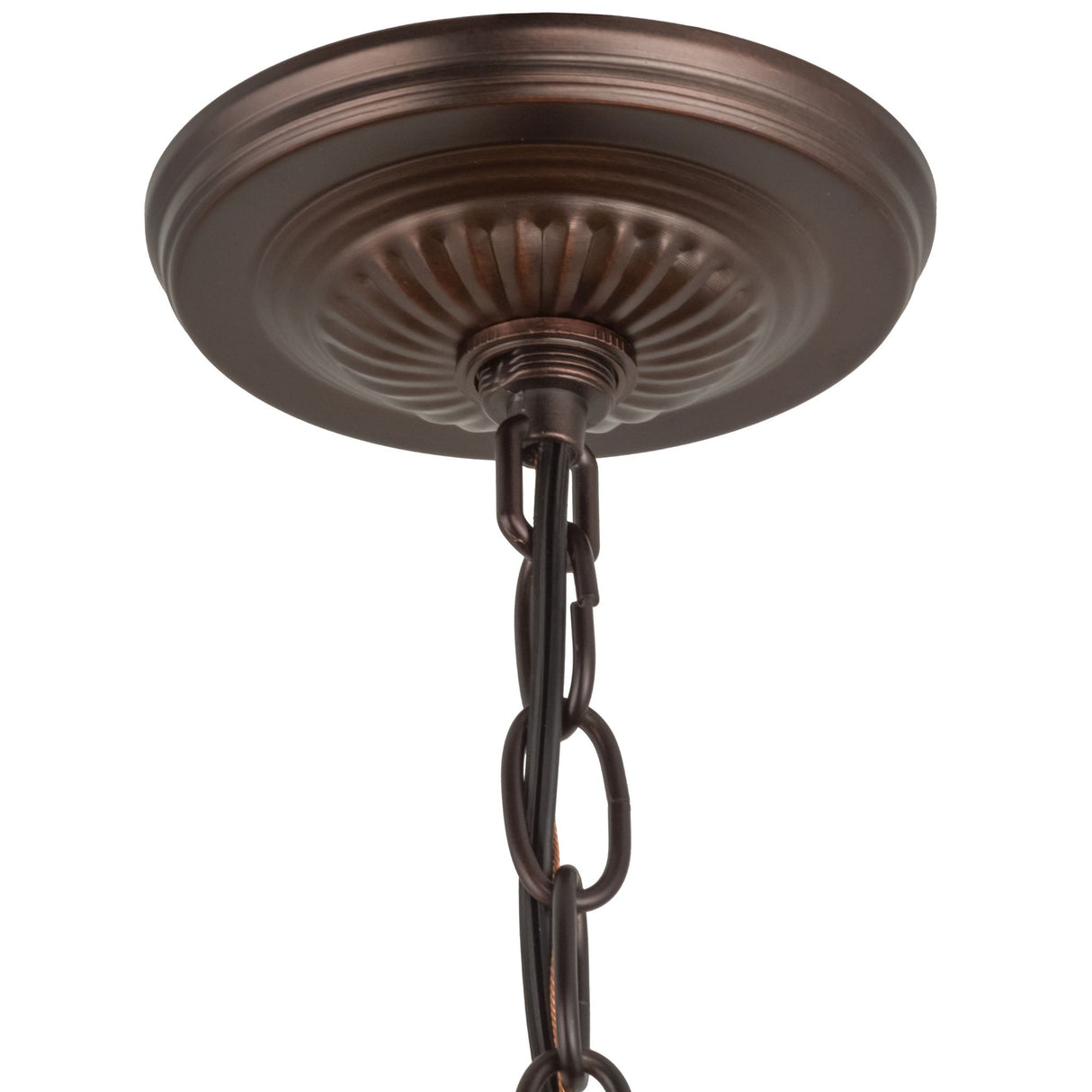 Amber/Green Tiffany Pond Lily chandelier's chain and canopy in Mahogany Bronze finish.