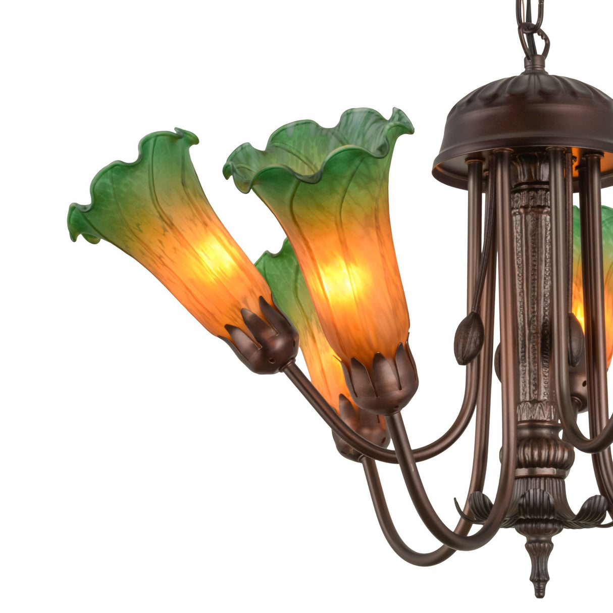 Close-up view of a hand-blown glass lily shade on the Tiffany Pond Lily Chandelier.