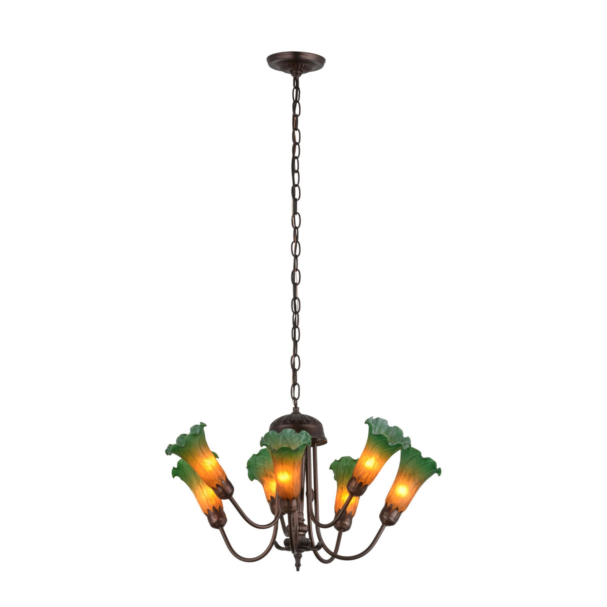 Amber/Green Tiffany Pond Lily 7 LT Chandelier highlighting its elegant chain and vibrant lily shades.