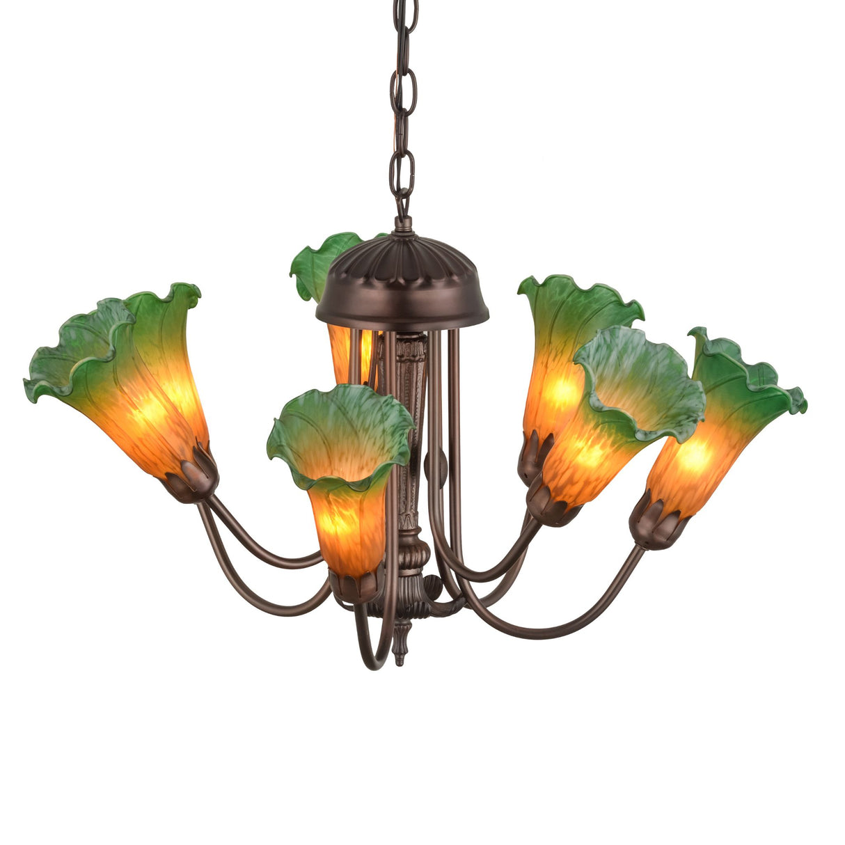 Amber/Green Tiffany Pond Lily 7 LT Chandelier highlighting its vibrant colors.