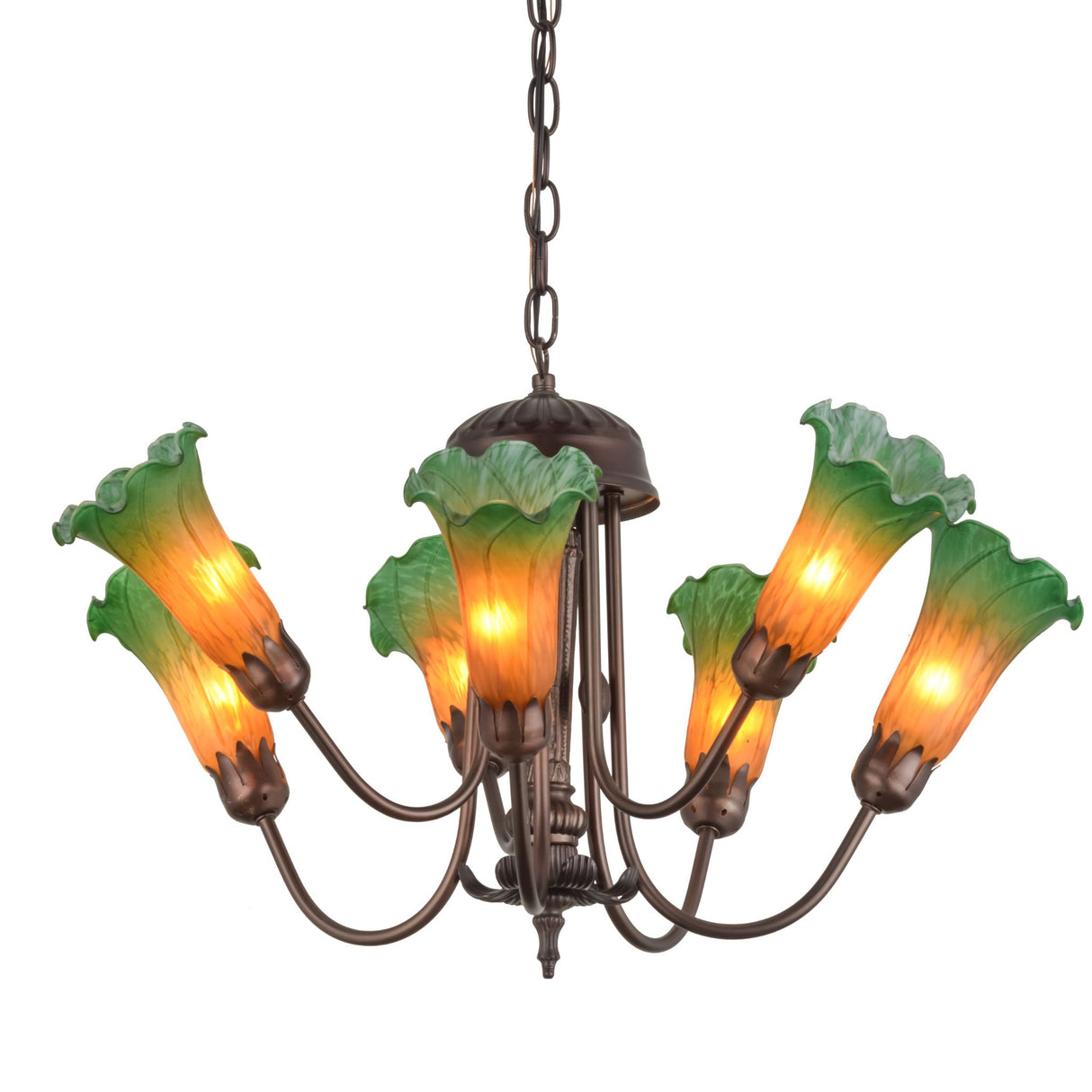 Front view of the Amber/Green Tiffany Pond Lily 7 LT Chandelier with lit lily shades.