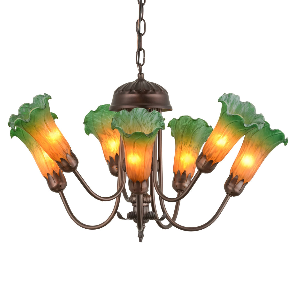 Side view of the 24" wide Amber/Green Tiffany Pond Lily 7 LT Chandelier.