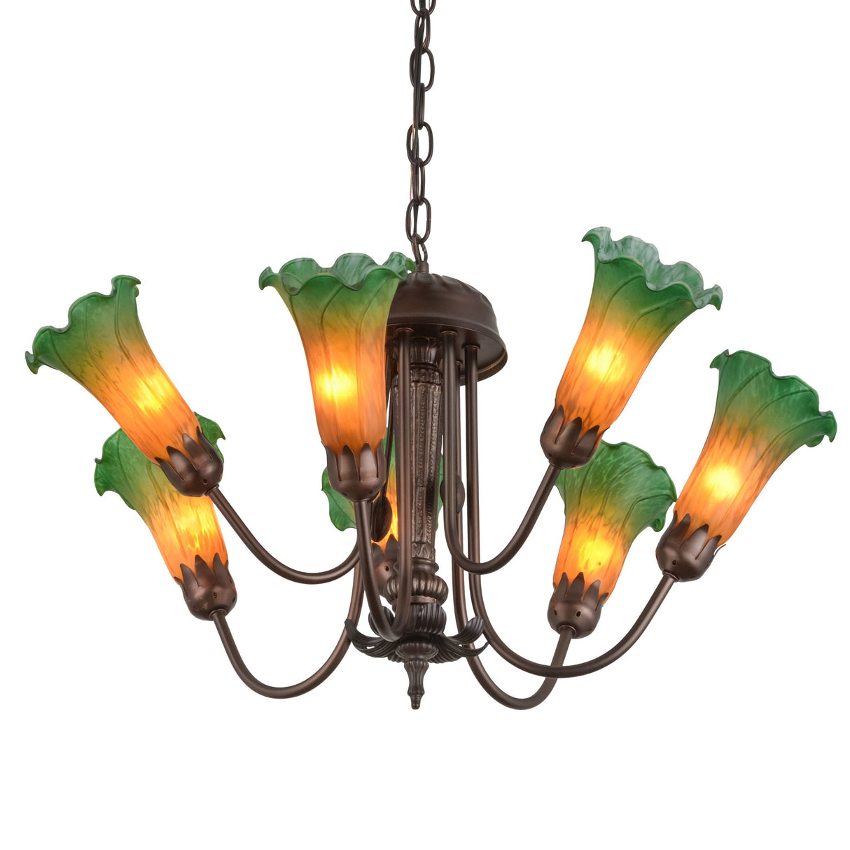 Amber/Green Tiffany Pond Lily 7 LT Chandelier showcasing its elegant arms.