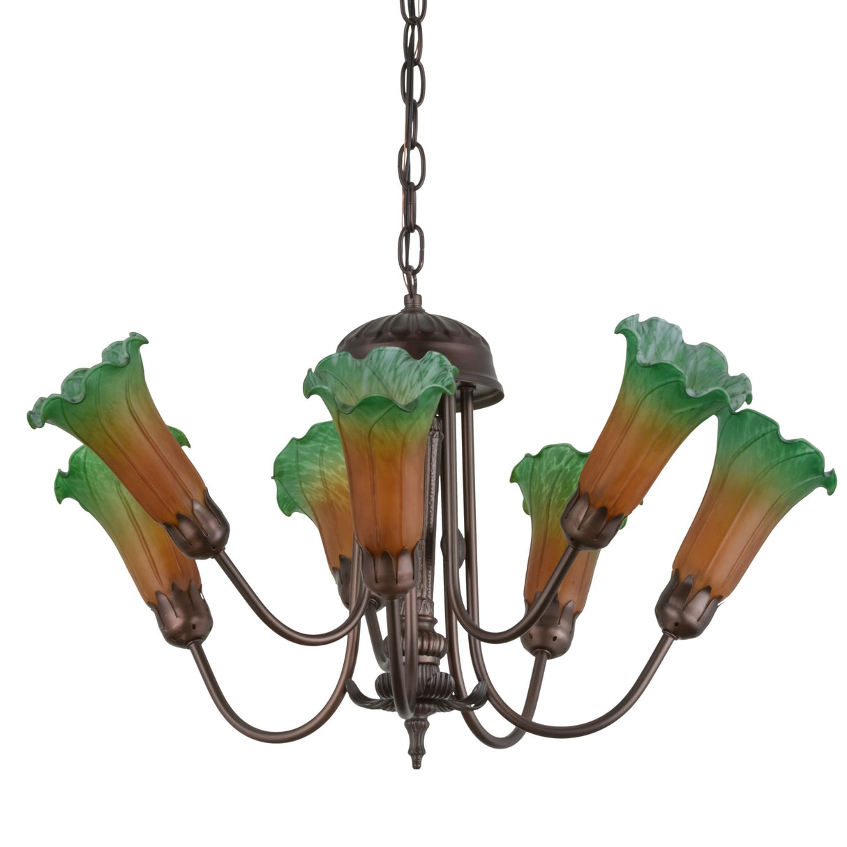 Amber/Green Tiffany Pond Lily 7 LT Chandelier with unlit shades.