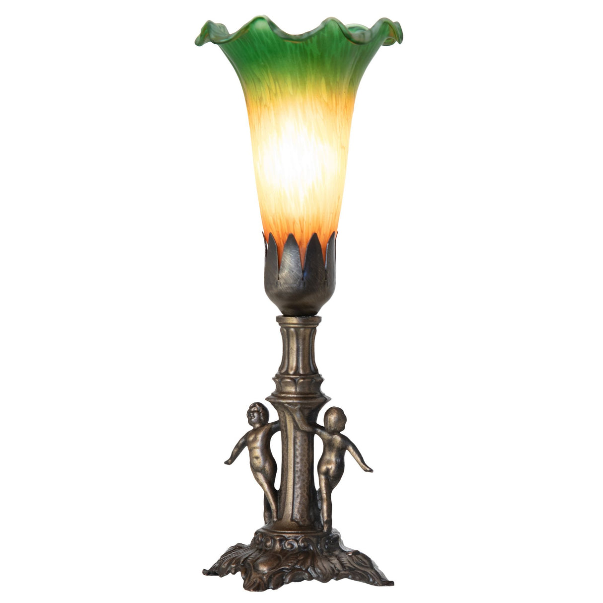 Lit view of Pond Lily Maidens Mini Lamp with an twin maidens base and hand-blown Favrile-style glass shade.