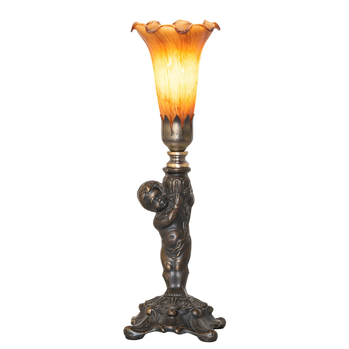 Illuminated Pond Lily Cherub Mini Lamp with Favrile-style glass shade.