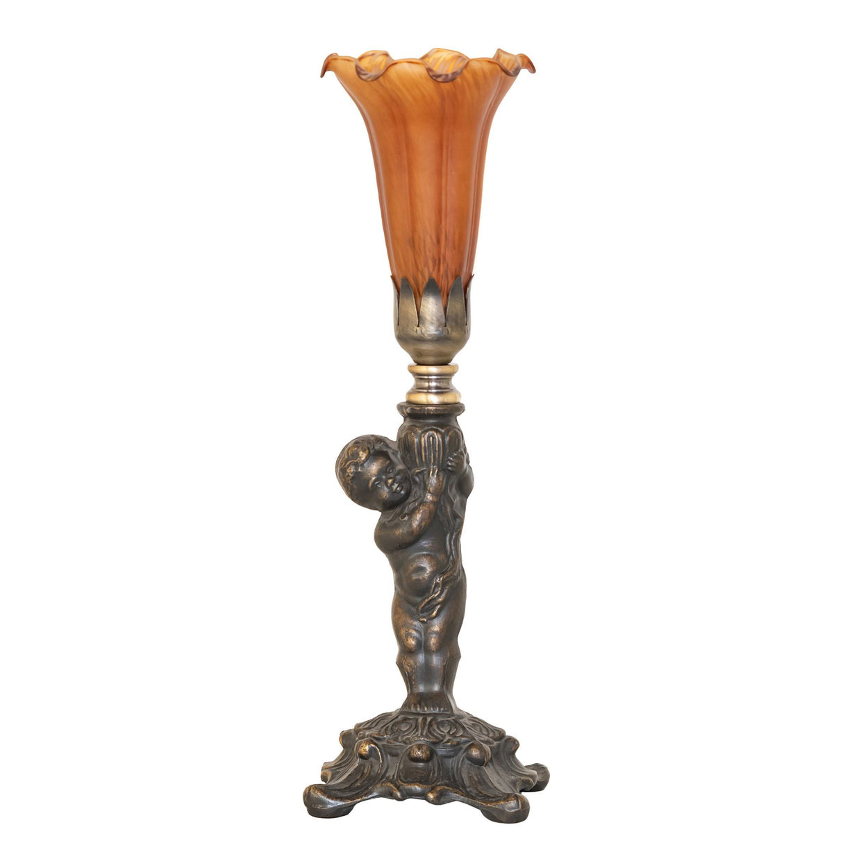 Unlit Amber Pond Lily Cherub Mini Lamp showcasing its detailed antique brass base.