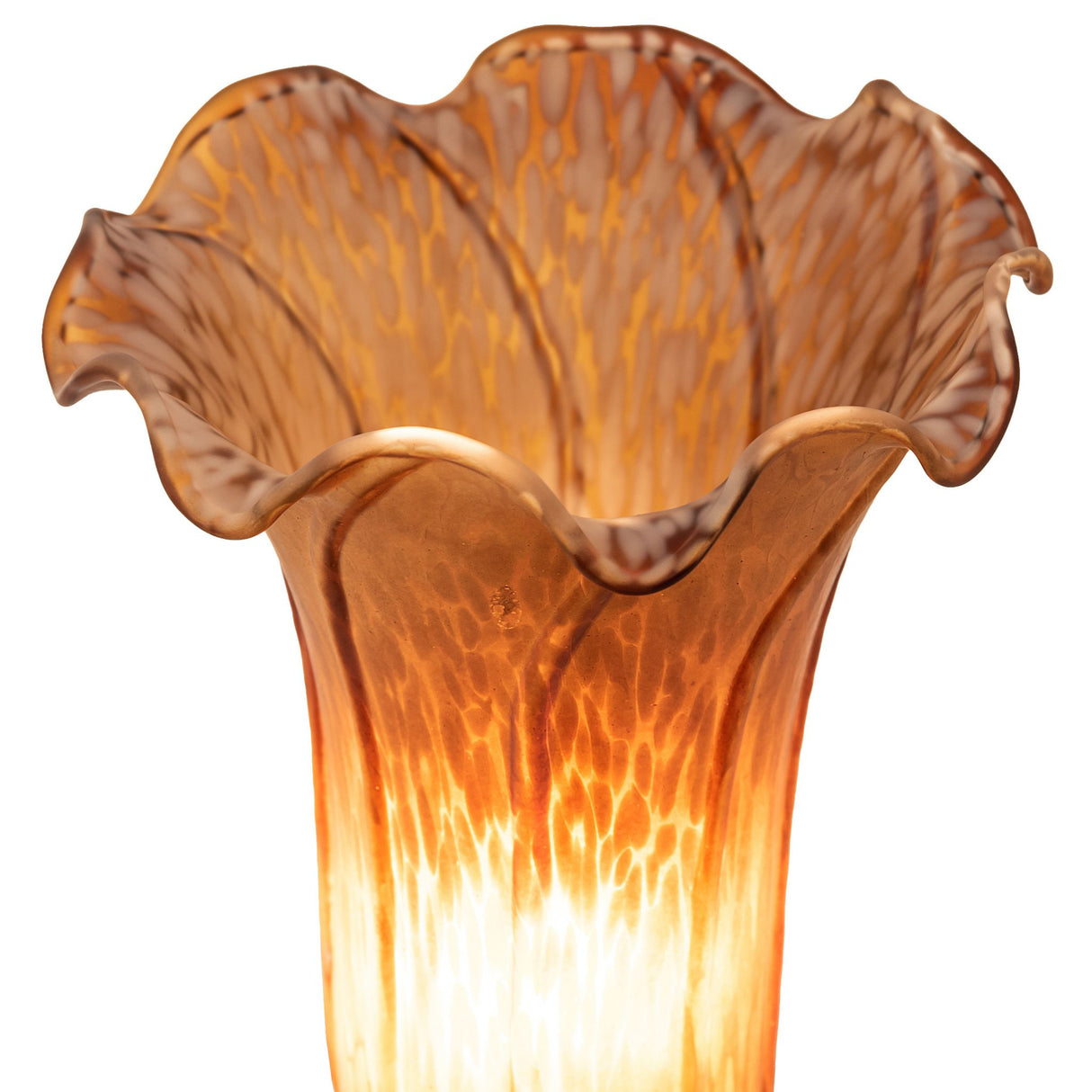 Closeup of amber pond lily Favrile-style glass shade.