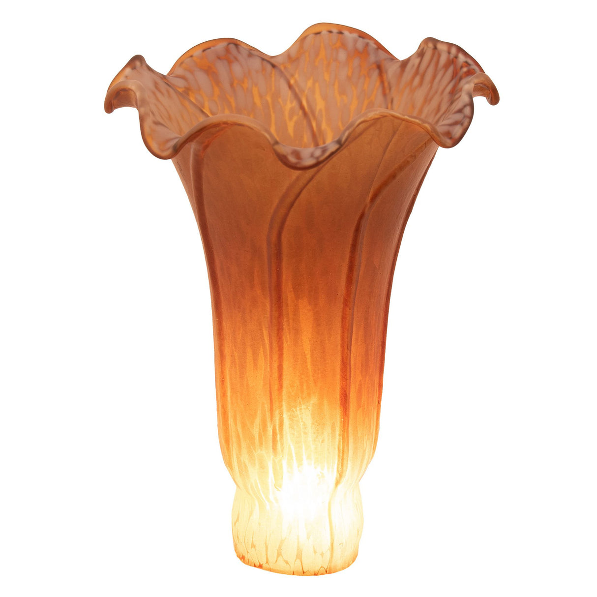 Lit view of amber pond lily glass shade with flared rim.