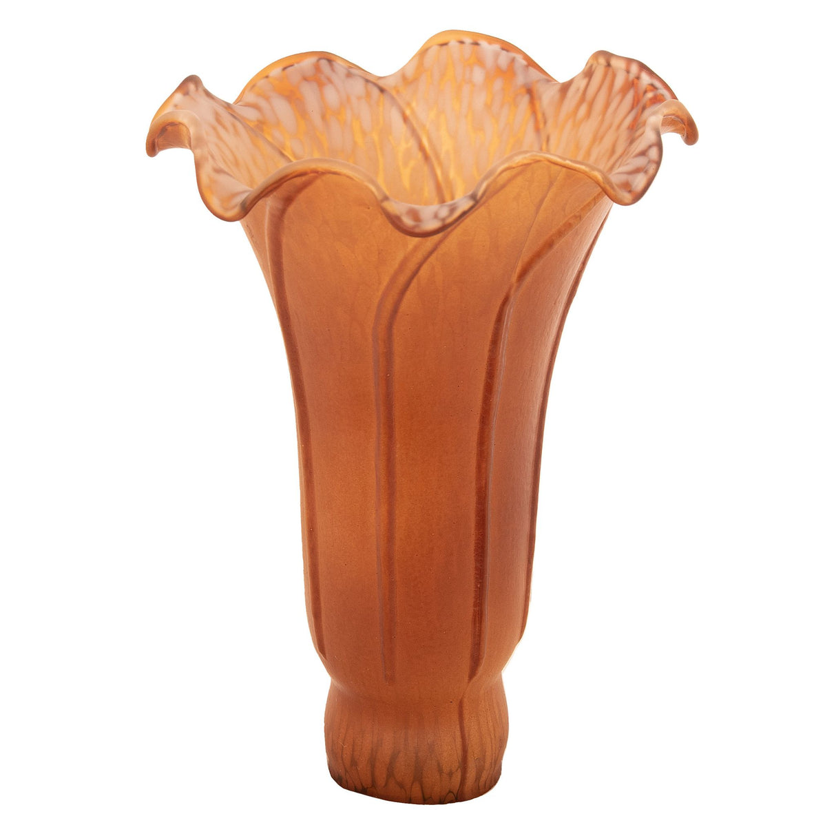 Unlit view of amber pond lily glass shade with mottled pattern.