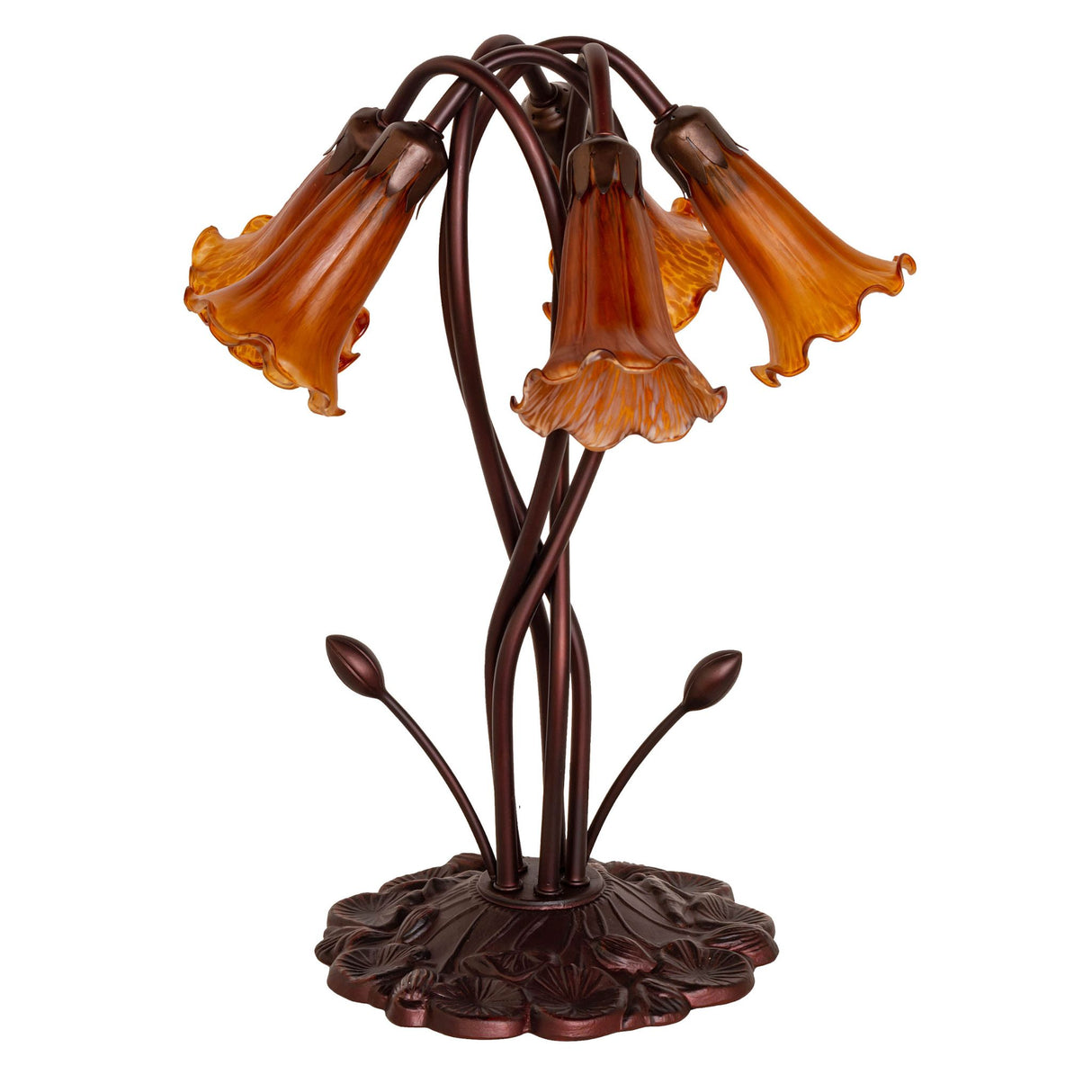 Amber pond lily lamp with detailed bronze base and unlit shades.