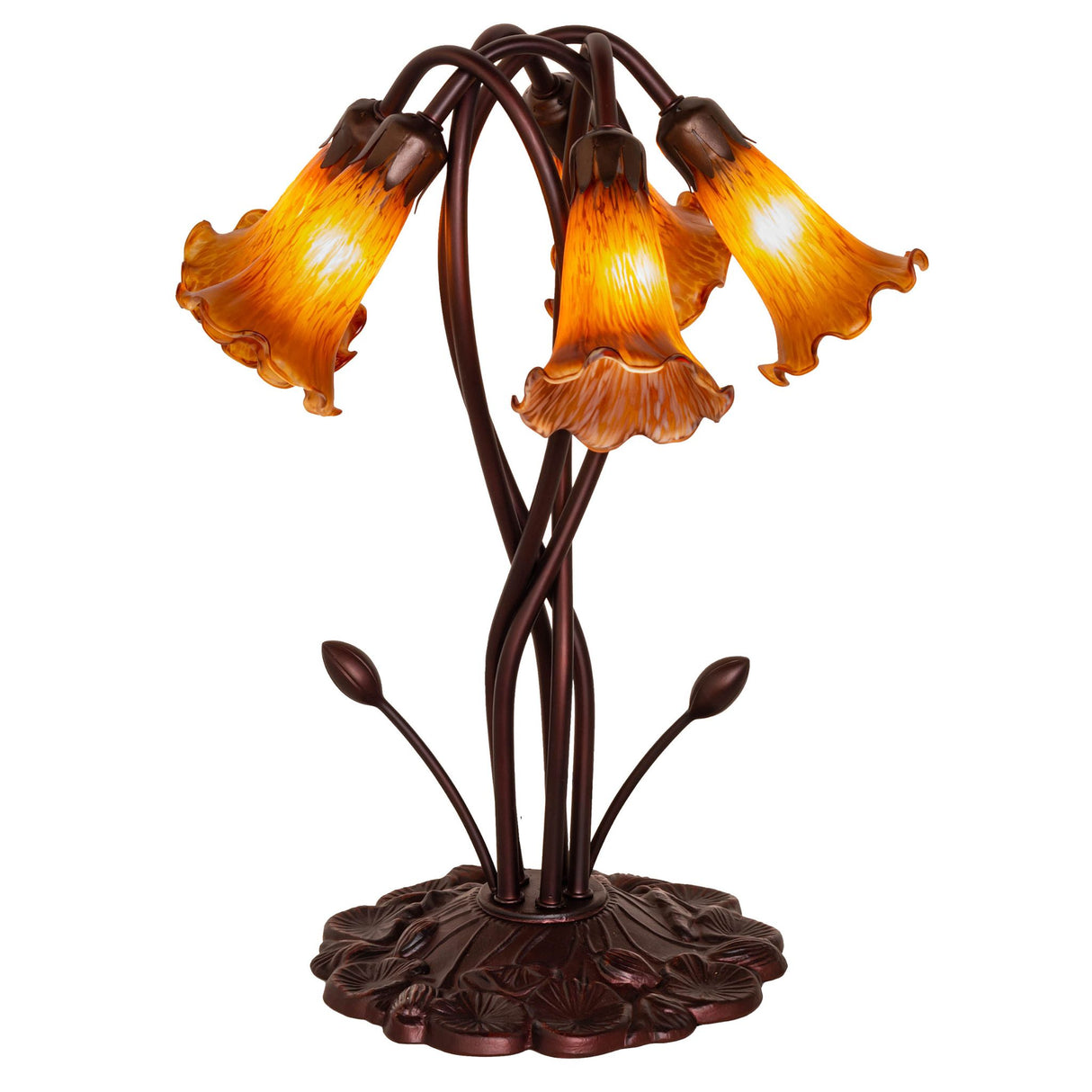Elegant amber pond lily lamp with five illuminated glass shades.