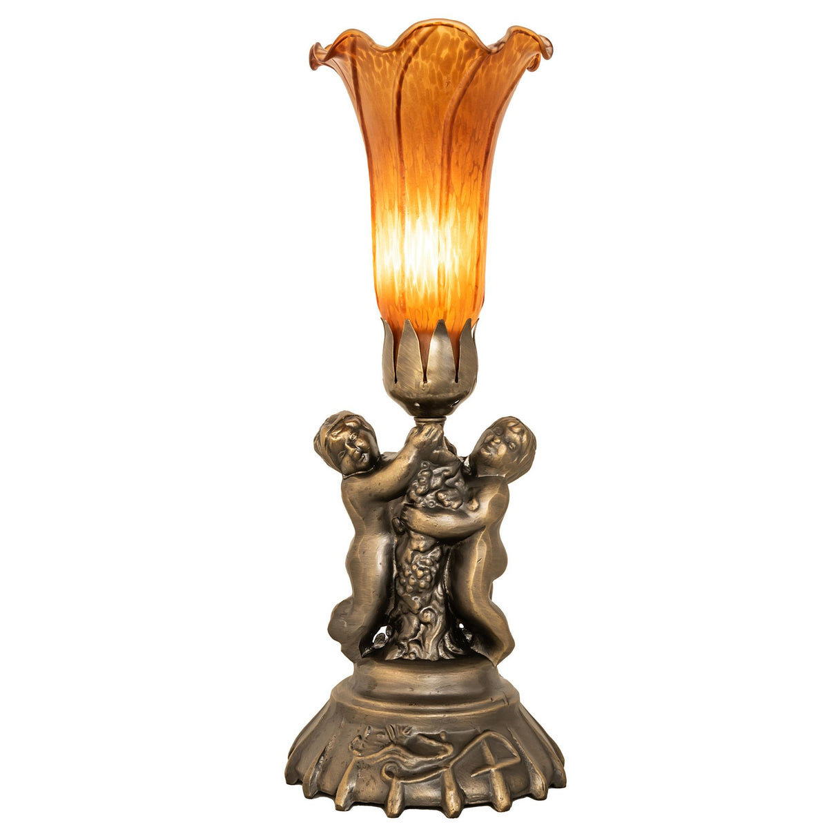 Front view of Amber pond lily cherub accent lamp.