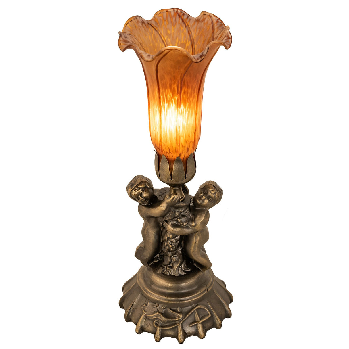 Amber pond lily cherub accent lamp glowing in ambient setting.
