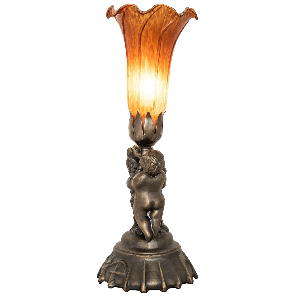 Side view of amber pond lily twin cherub accent lamp.