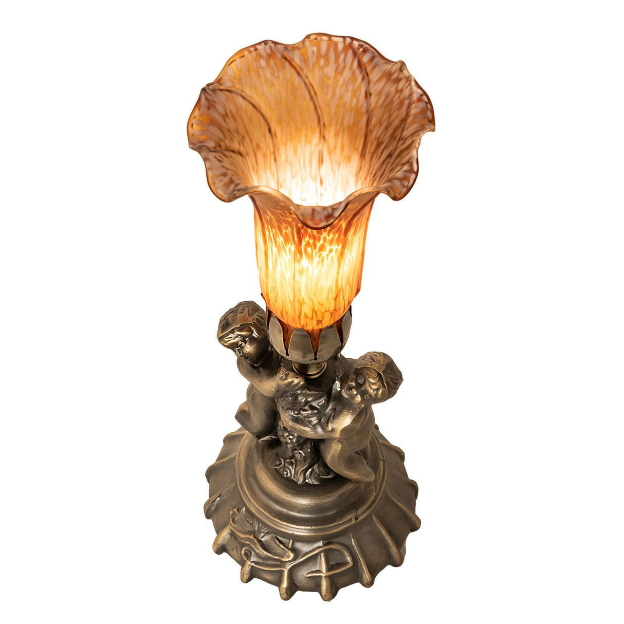 Top angle of amber pond lily cherub accent lamp.