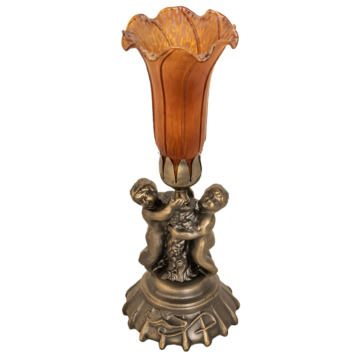 Amber pond lily cherub accent lamp with shade unlit.