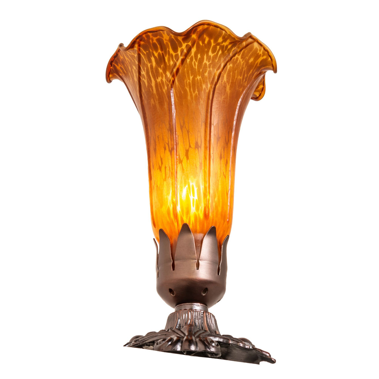 Angled view of Amber Pond Lily Victorian Mini Lamp displaying its classic Victorian charm.