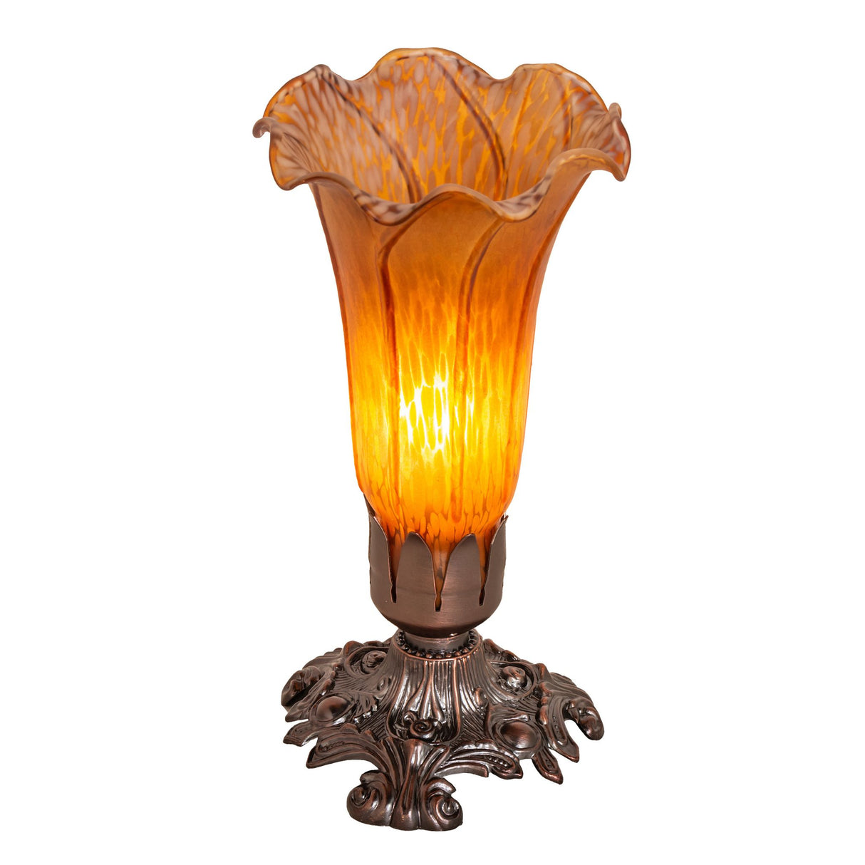 Amber Pond Lily Victorian Mini Lamp illuminated, showcasing warm glow and elegant glass design.