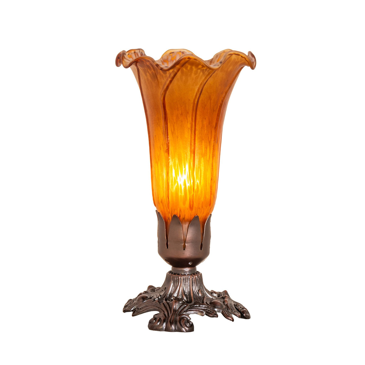 Side view of Amber Pond Lily Victorian Mini Lamp emphasizing its antique bronze base.