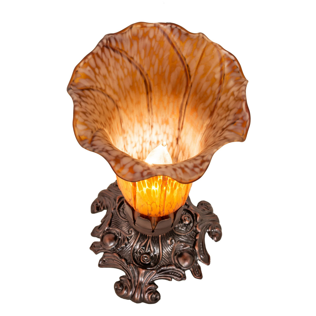 Top view of Amber Pond Lily Victorian Mini Lamp highlighting intricate glass details.
