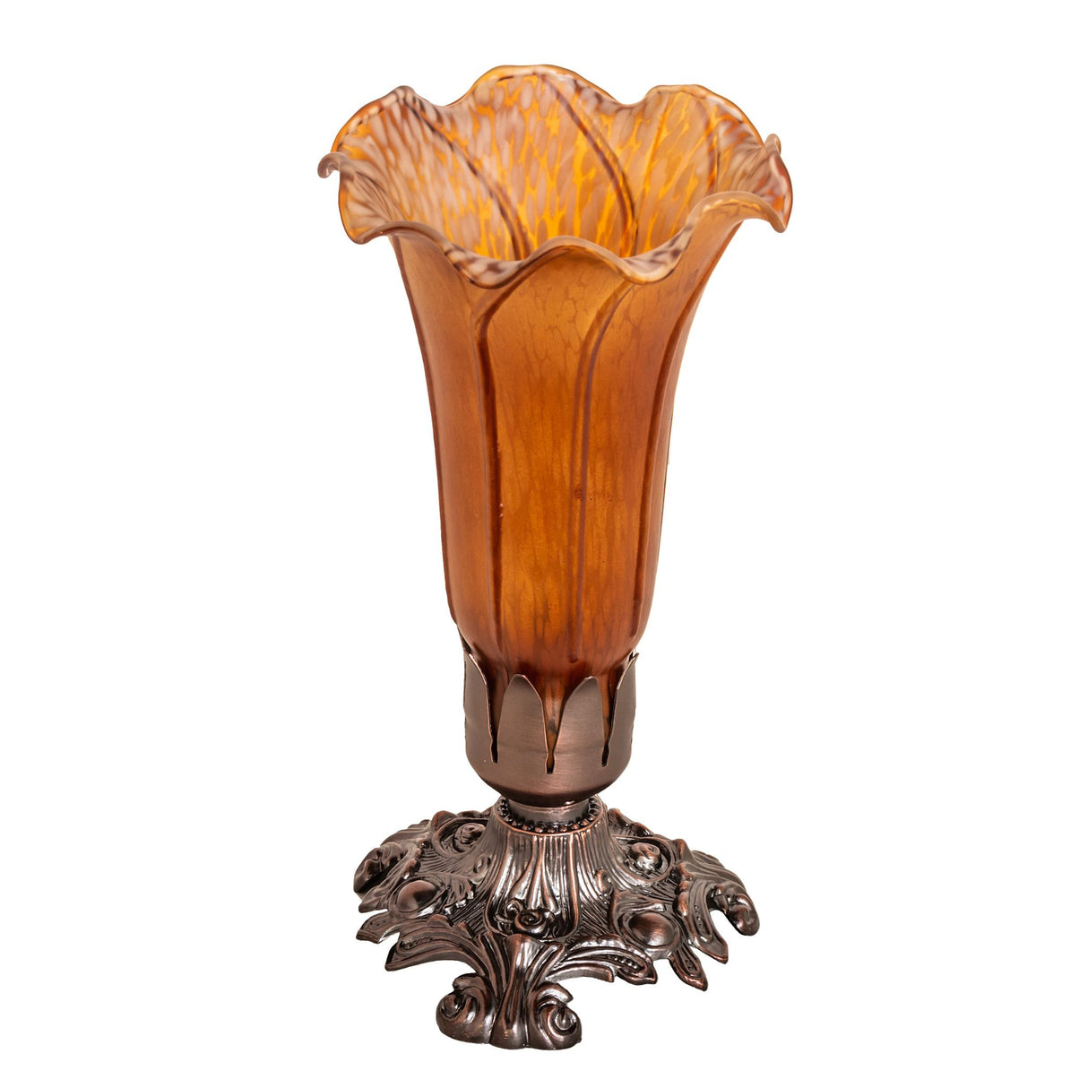 Amber Pond Lily Victorian Mini Lamp with unlit handcrafted art glass shade and ornate base.